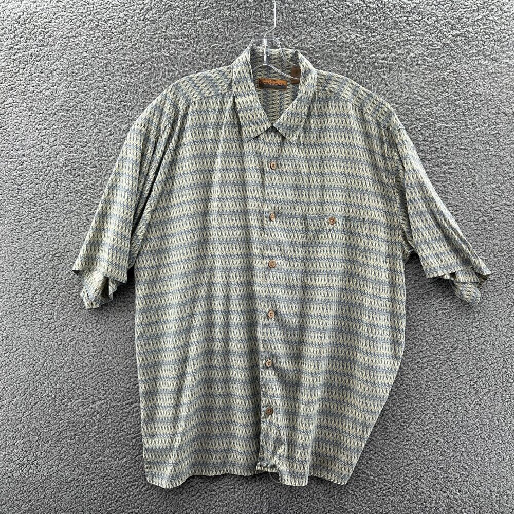 Bobby Chan Silk Shirt Mens XXL Short Sleeve Button Up Blue Cream Hawaiian Travel